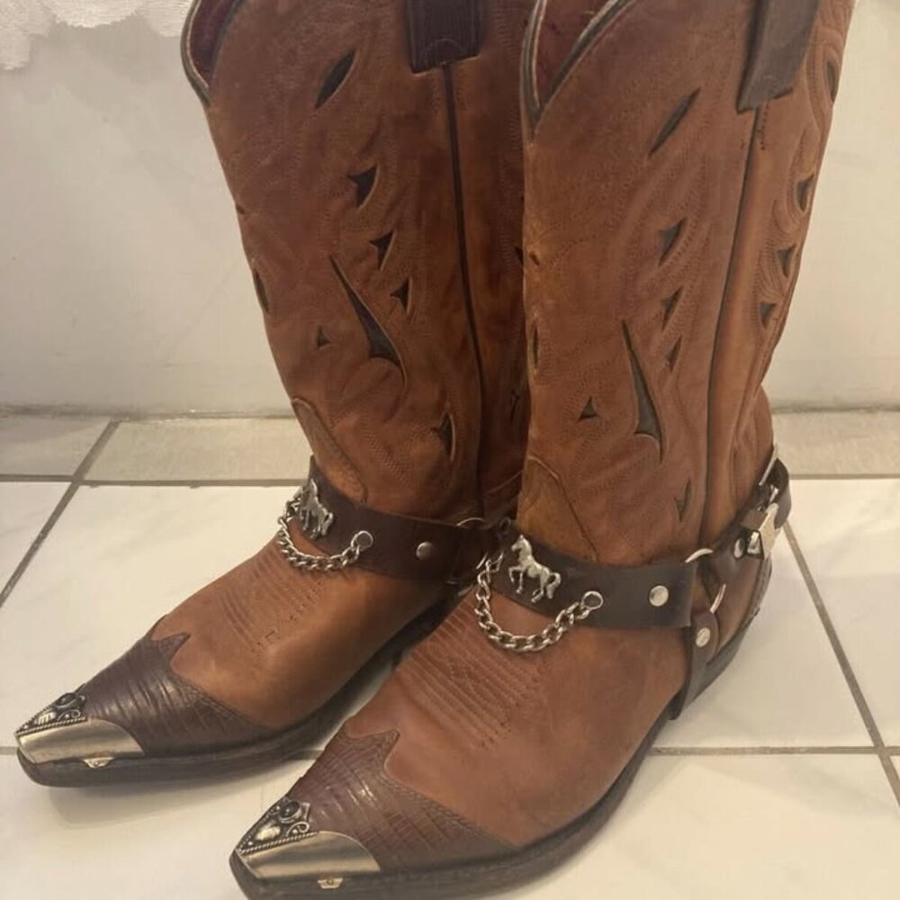 vtg DOUBLE H cowboy western rockabilly metal tips harness womens boots sz 6 1/2